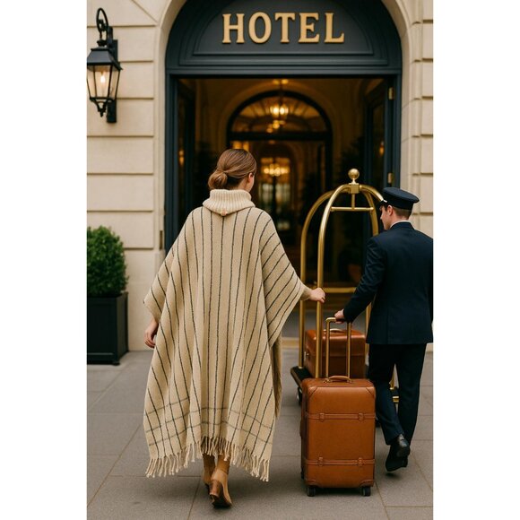 Beige Wool Poncho Sweater M Fringe Black Stripe - Picture 2 of 3